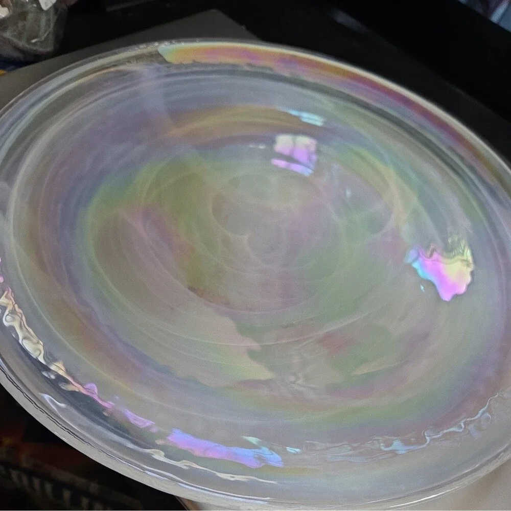 Art Glass Iridescent Plate Lot Of 2 Artistic Accents Opal Pearly White Swirl 11